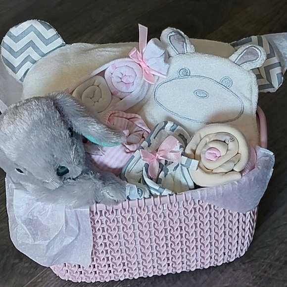 🧸Gorgeous Baby Shower Gift Basket In Canada, Pink  & Grey Baby Gift for Girl - Picture 1 of 7